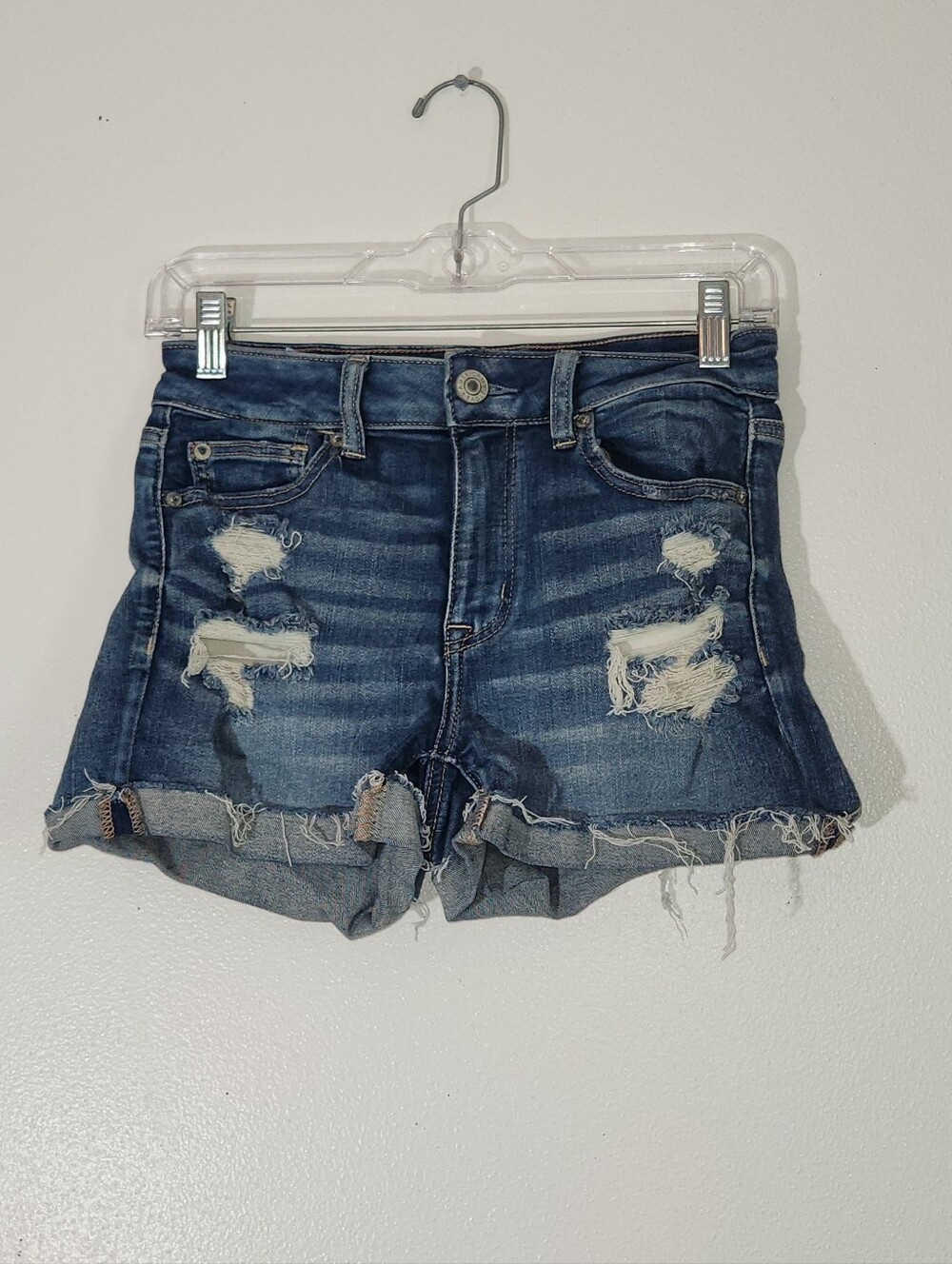Distressed American Eagle Hi-Rise Shortie Dark Blue Denim Women's Shorts